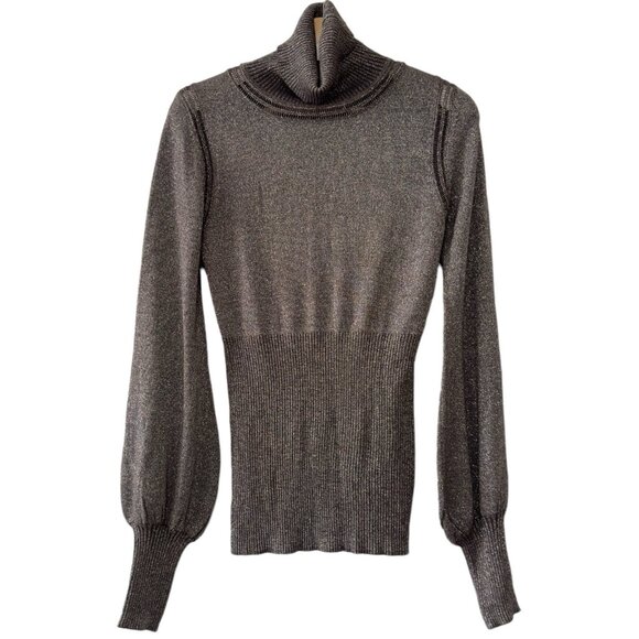 Kaily K Metallic Fleck Turtleneck Gray Ribbed Stretch Balloon Puff Sleeve Top - Picture 2 of 10